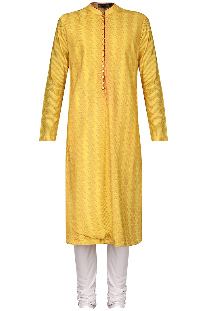 Yellow Pintucks Kurta with Ivory Churidar Pants by Anuj Madaan