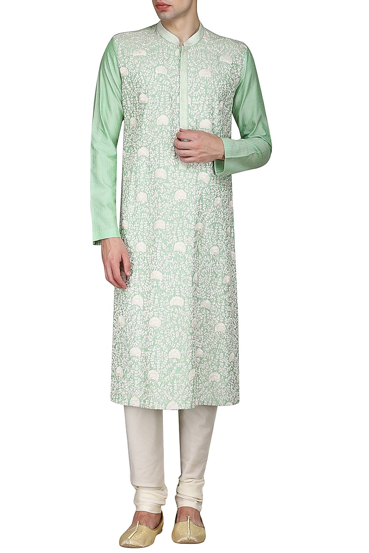 Aqua green jaal work kurta with ivory churidar pants available only at Pernia's Pop Up Shop.