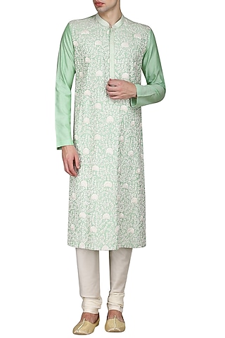 Aqua Green Jaal Work Kurta with Ivory Churidar Pants by Anuj Madaan