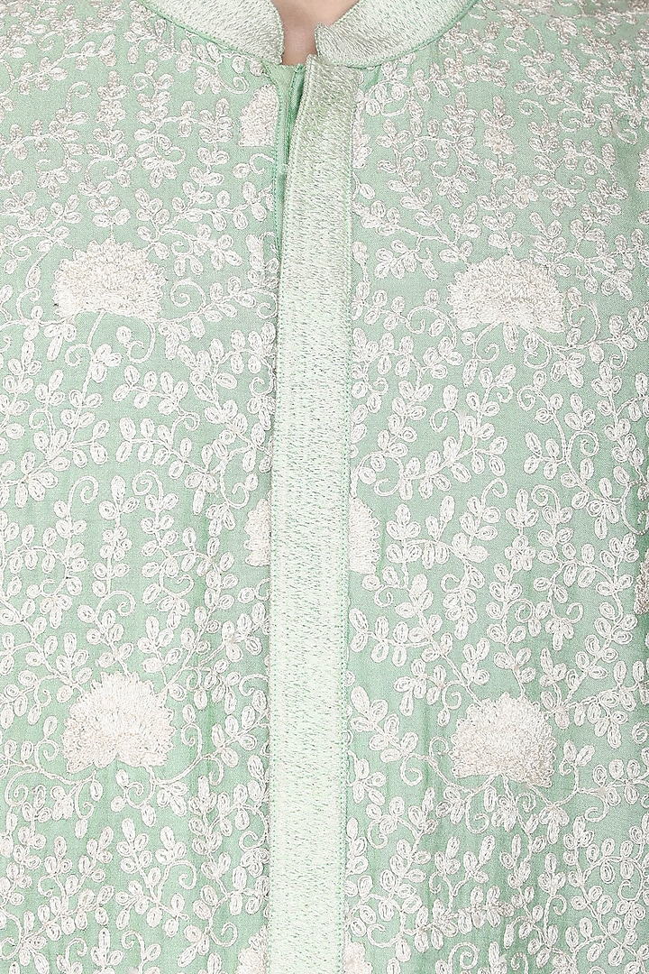 Aqua green jaal work kurta with ivory churidar pants available only at Pernia's Pop Up Shop.
