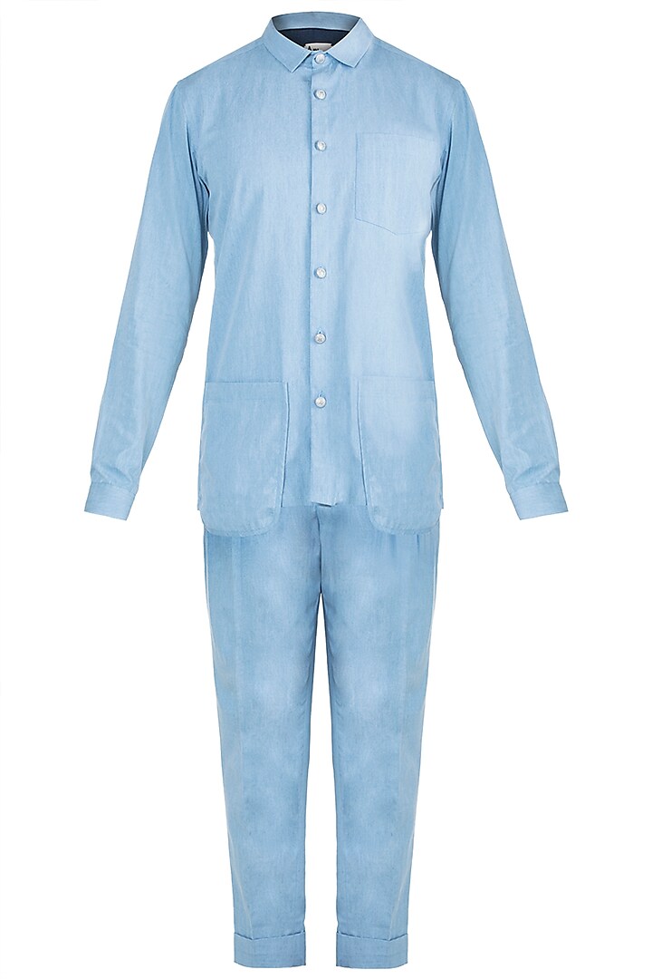 Ice Blue Cotton Denim Pleated Pant Set by Ananke