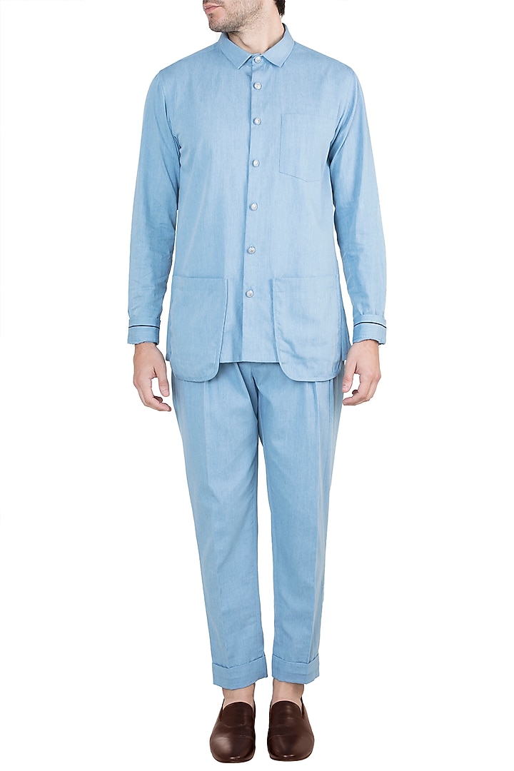 Ice Blue Cotton Denim Pleated Pant Set by Ananke at Pernia's Pop Up Shop