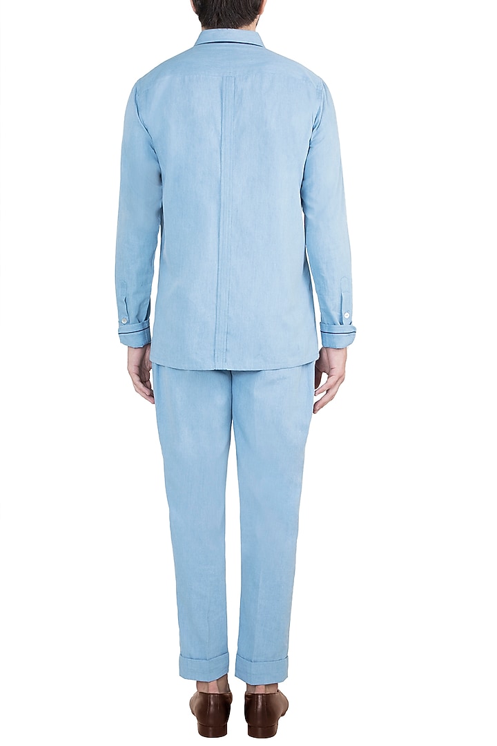 Ice Blue Cotton Denim Pleated Pant Set by Ananke at Pernia's Pop Up Shop