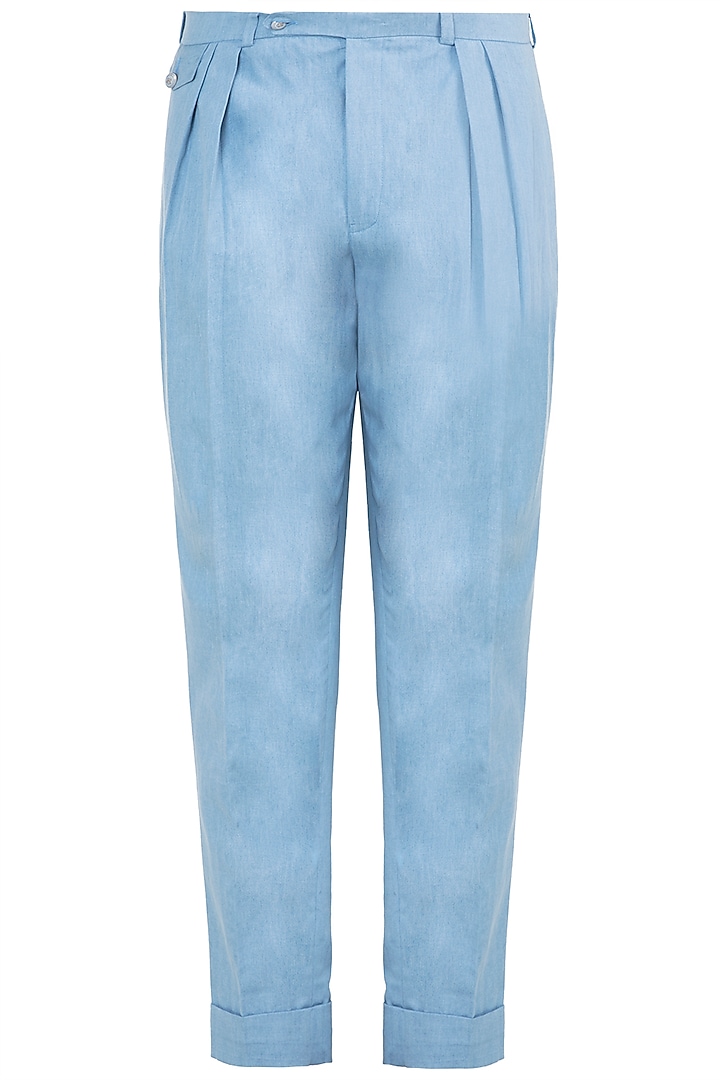 Ice Blue Cotton Denim Pleated Pant Set by Ananke at Pernia's Pop Up Shop
