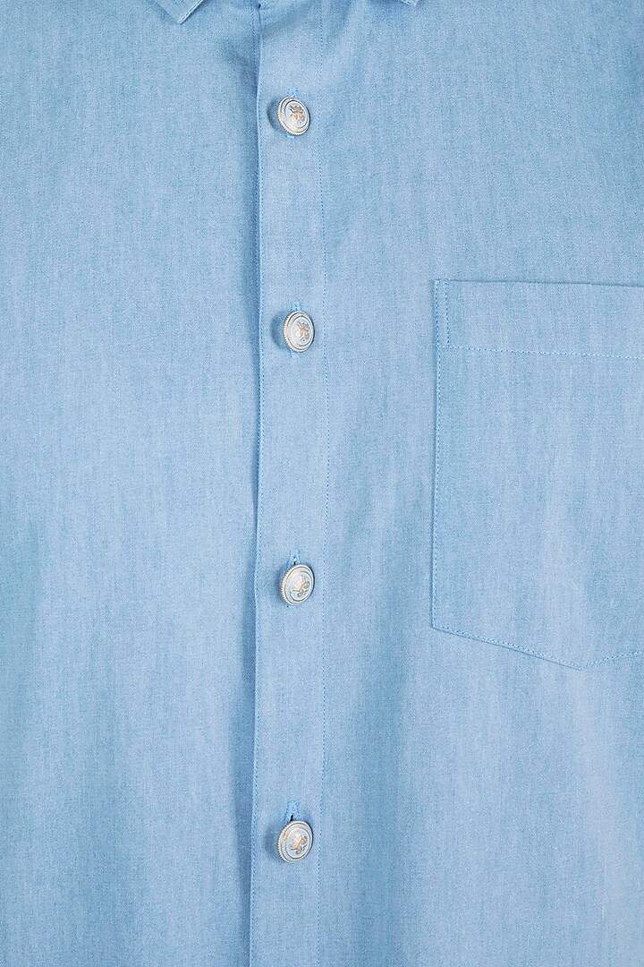 Ice Blue Cotton Denim Pleated Pant Set by Ananke at Pernia's Pop Up Shop