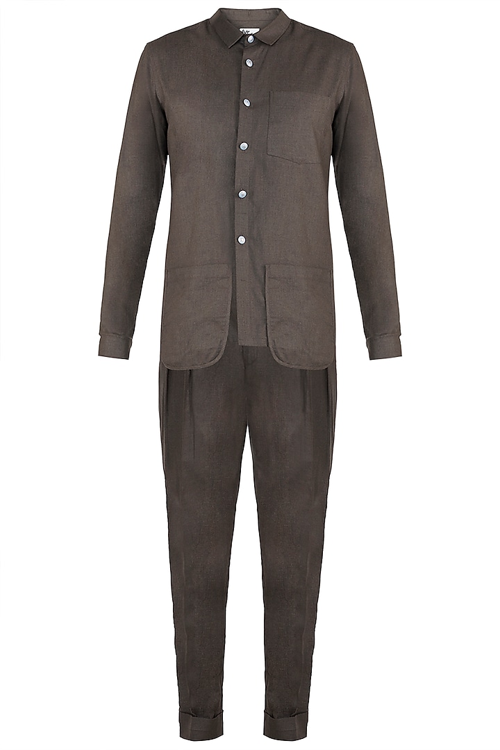Brown Cotton Pleated Pant Set by Ananke