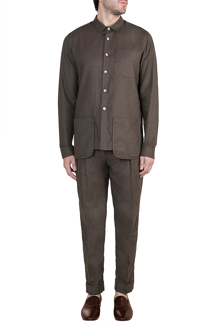 Brown Cotton Pleated Pant Set by Ananke at Pernia's Pop Up Shop
