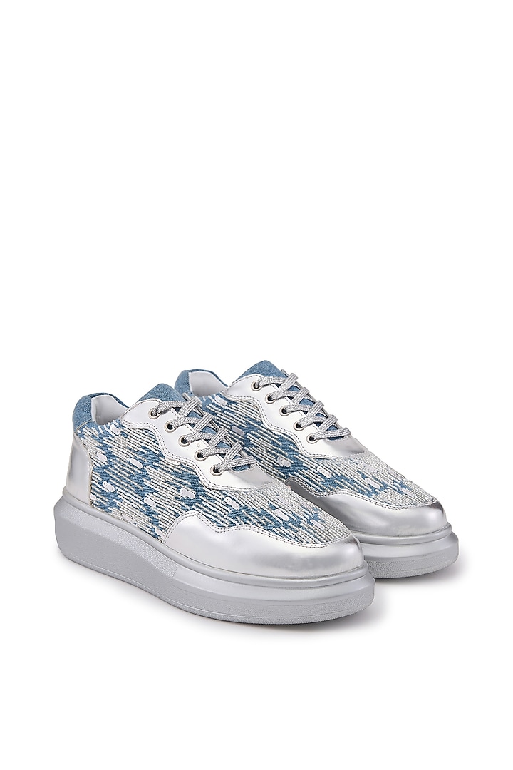 Blue Denim Embroidered Sneakers by Anaar at Pernia's Pop Up Shop