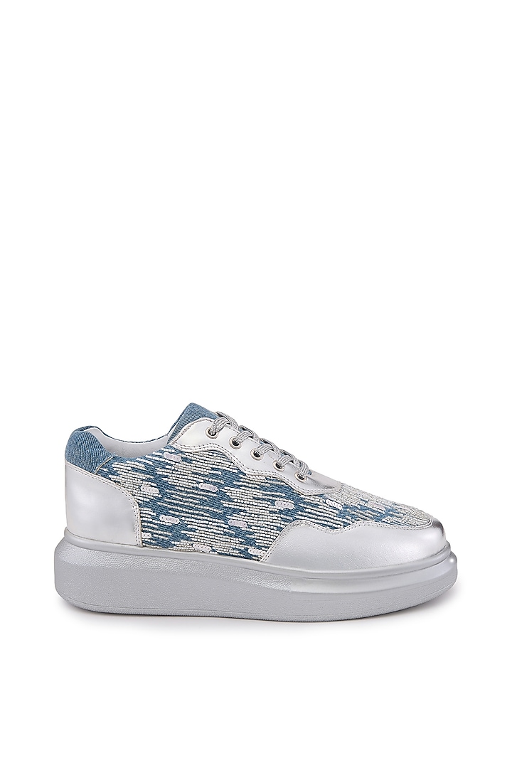 Blue Denim Embroidered Sneakers by Anaar at Pernia's Pop Up Shop