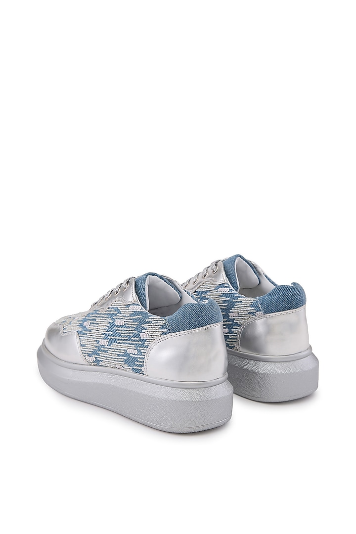 Blue Denim Embroidered Sneakers by Anaar at Pernia's Pop Up Shop