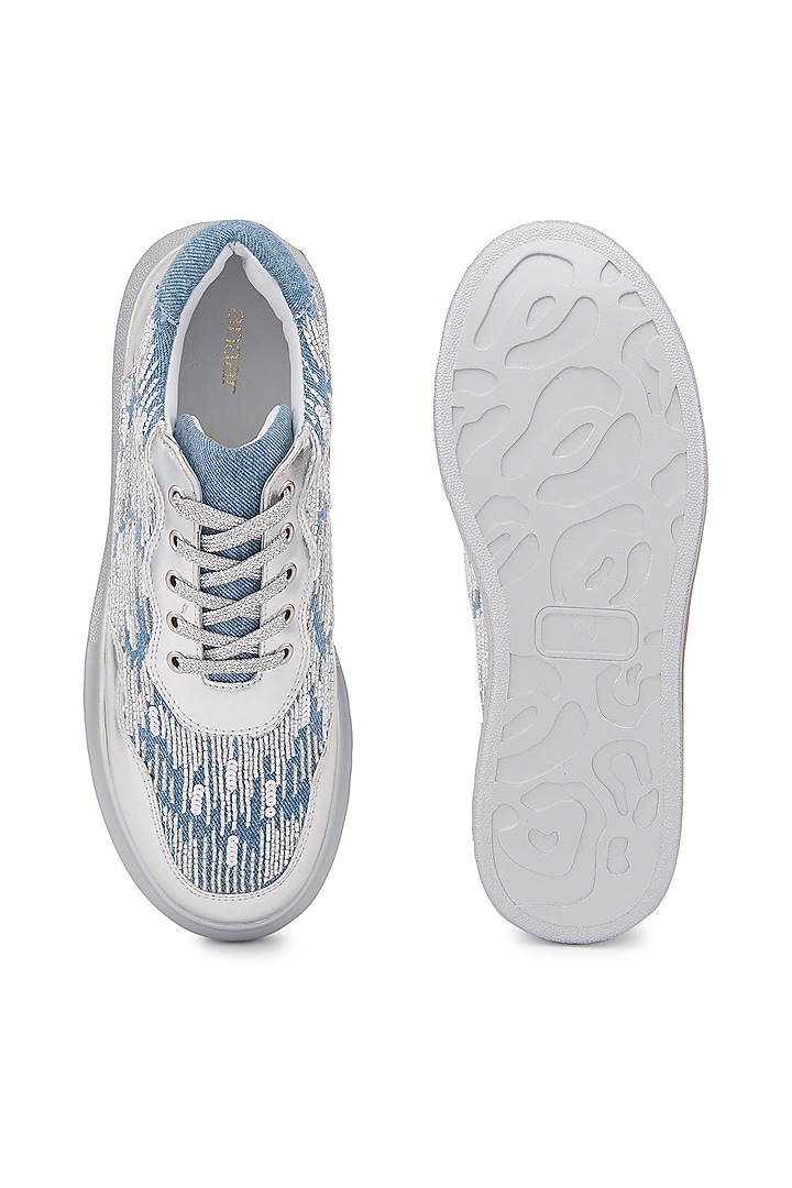 Blue Denim Embroidered Sneakers by Anaar at Pernia's Pop Up Shop
