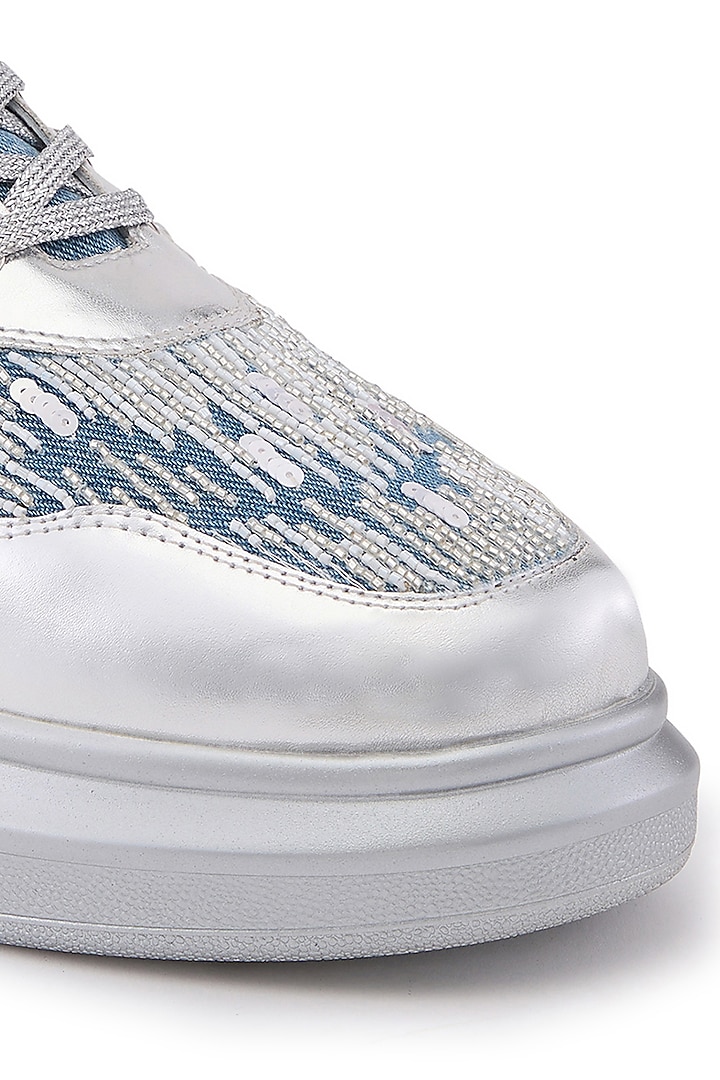 Blue Denim Embroidered Sneakers by Anaar at Pernia's Pop Up Shop
