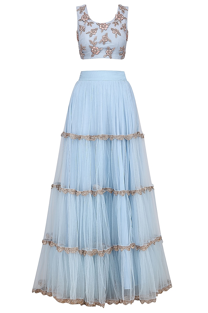 Pastel Blue Floral Embroidered Tiered Lehenga Set by Ank by Amrit Kaur