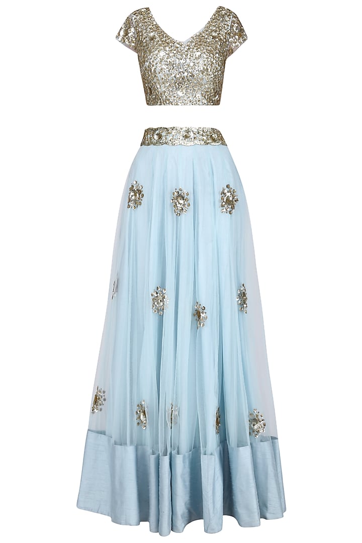 Pastel Blue and Gold Sequins Embroidered Lehenga Set by Ank by Amrit Kaur