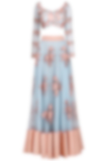 Pastel Blue and Peach Thread Embroidered Lehenga Set by Ank by Amrit Kaur