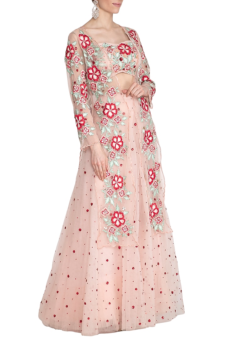 Pink Embroidered Blouse With Palazzo Pants & Jacket by Ank By Amrit Kaur at Pernia's Pop Up Shop