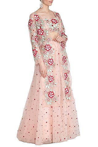 Pink Embroidered Blouse With Palazzo Pants & Jacket by Ank By Amrit Kaur