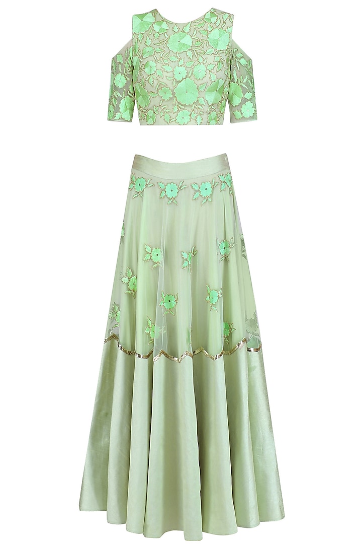 Pistachio Floral Embroidered Lehenga  and Blouse Set by Ank By Amrit Kaur