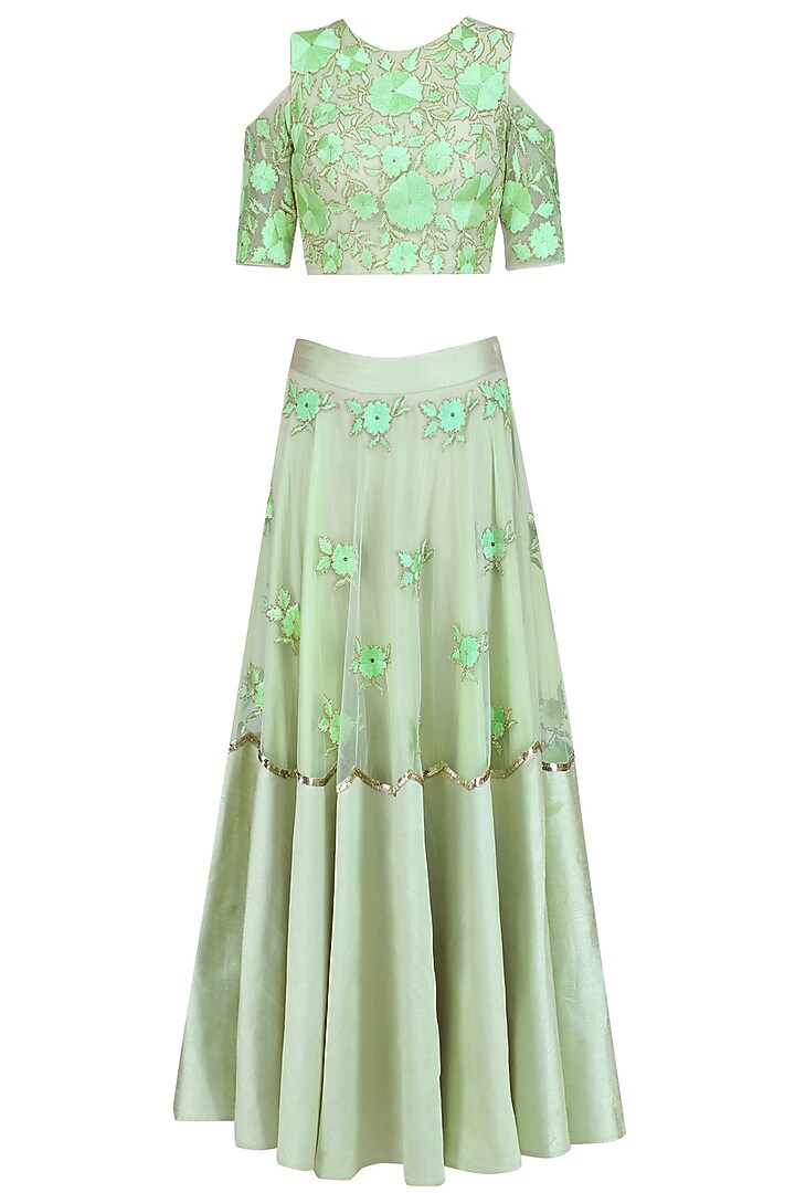 Pistachio floral embroidered lehenga and blouse set available only at Pernia's Pop Up Shop.