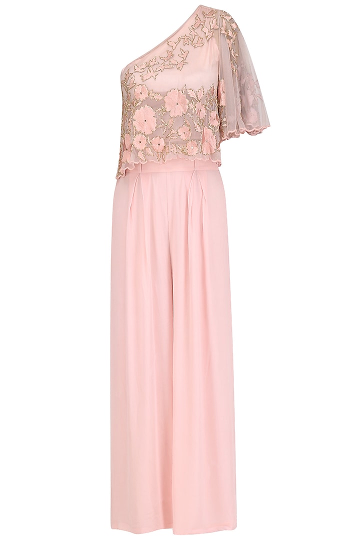 Rose Pink Floral Embroidered One Shoulder Cape  and Palazzo Pants Set by Ank By Amrit Kaur