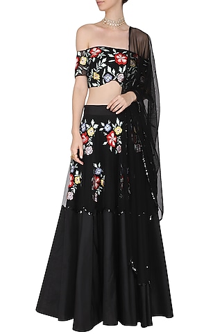 Black Floral Embroidered Off Shoulder Blouse with Lehenga Set by Ank by Amrit Kaur