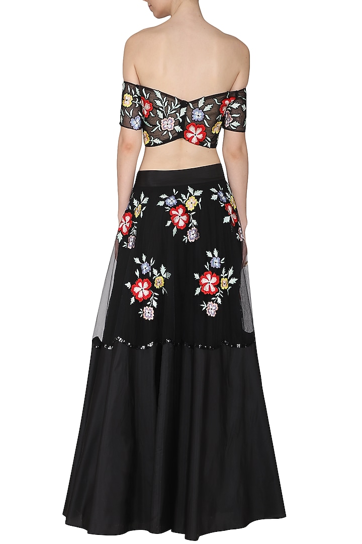 Black floral embroidered off shoulder blouse with lehenga set available only at Pernia's Pop Up Shop.