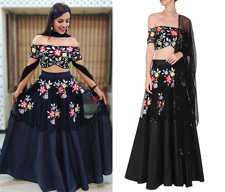 Black floral embroidered off shoulder blouse with lehenga set available only at Pernia's Pop Up Shop.