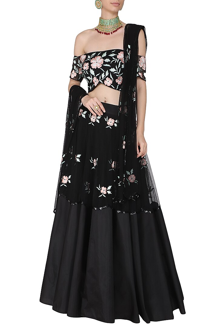 Black and peach embroidered off shoulder blouse with lehenga set available only at Pernia's Pop Up Shop.