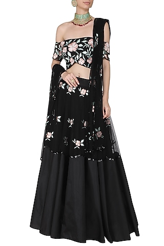 Black and Peach Embroidered Off Shoulder Blouse with Lehenga Set by Ank by Amrit Kaur