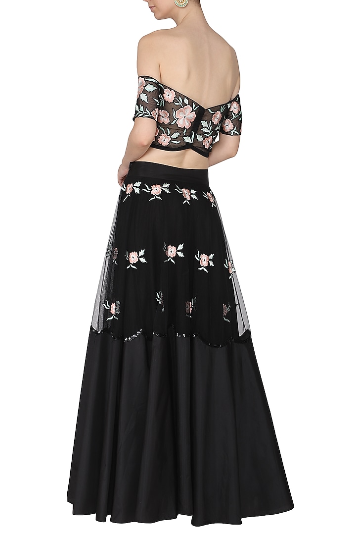 Black and peach embroidered off shoulder blouse with lehenga set available only at Pernia's Pop Up Shop.
