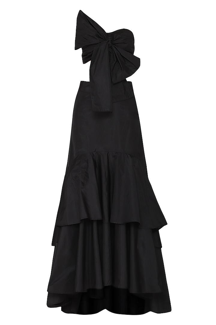 Black bow blouse with ruffle lehenga skirt available only at Pernia's Pop Up Shop.