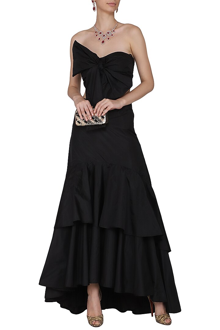 Black bow blouse with ruffle lehenga skirt available only at Pernia's Pop Up Shop.