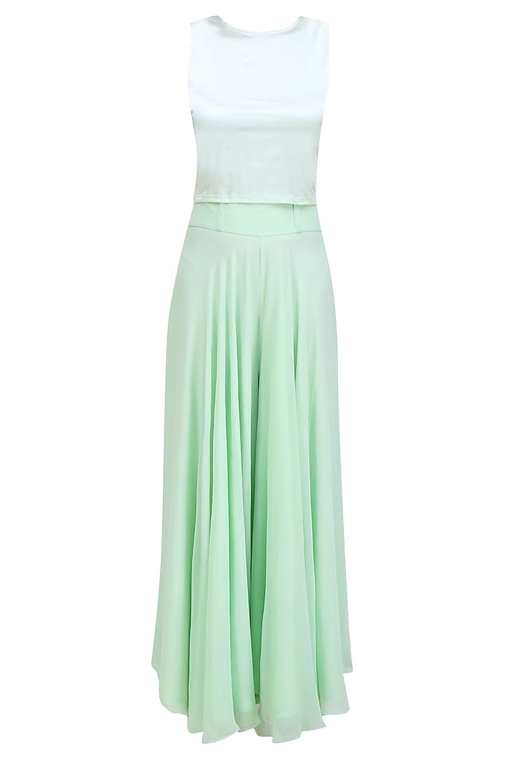 Green pistachio birds embroidered cape, blouse and palazzo pants set available only at Pernia's Pop Up Shop.