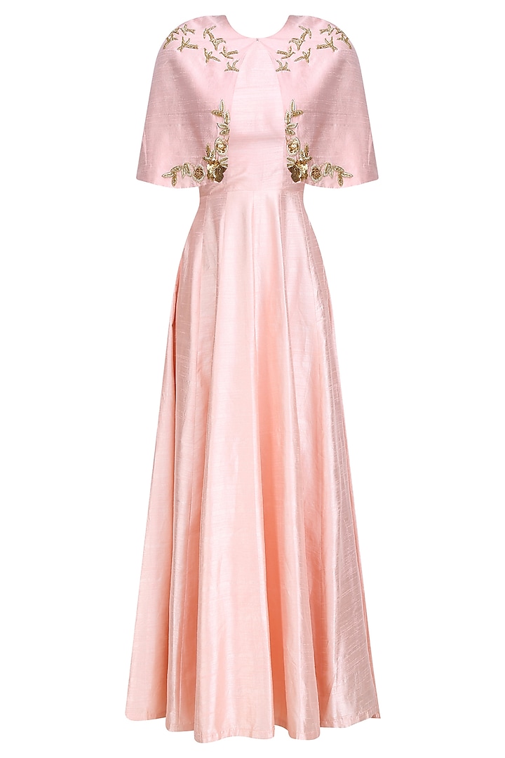 Pink and rose gold birds and floral work cape and gown set available only at Pernia's Pop Up Shop.