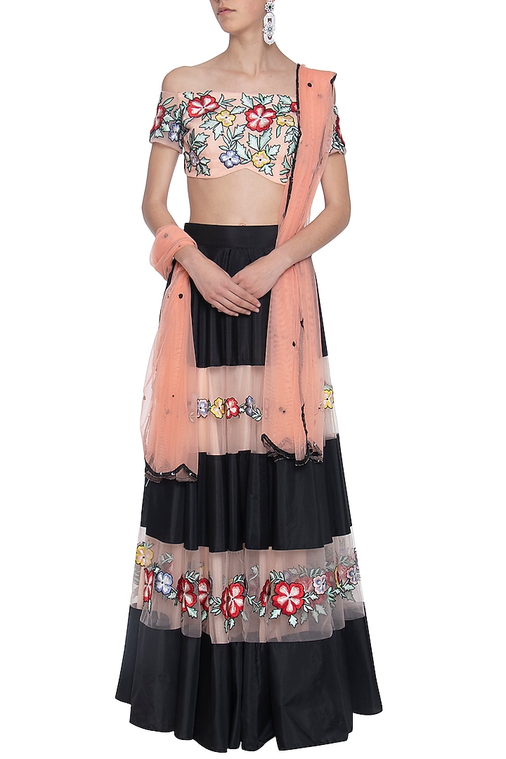 Pink and black embroidered lehenga set available only at Pernia's Pop Up Shop.