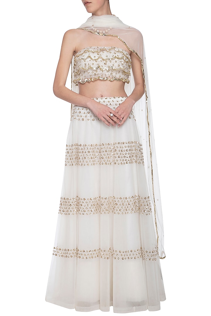 Off white floral embroidered lehenga set available only at Pernia's Pop Up Shop.