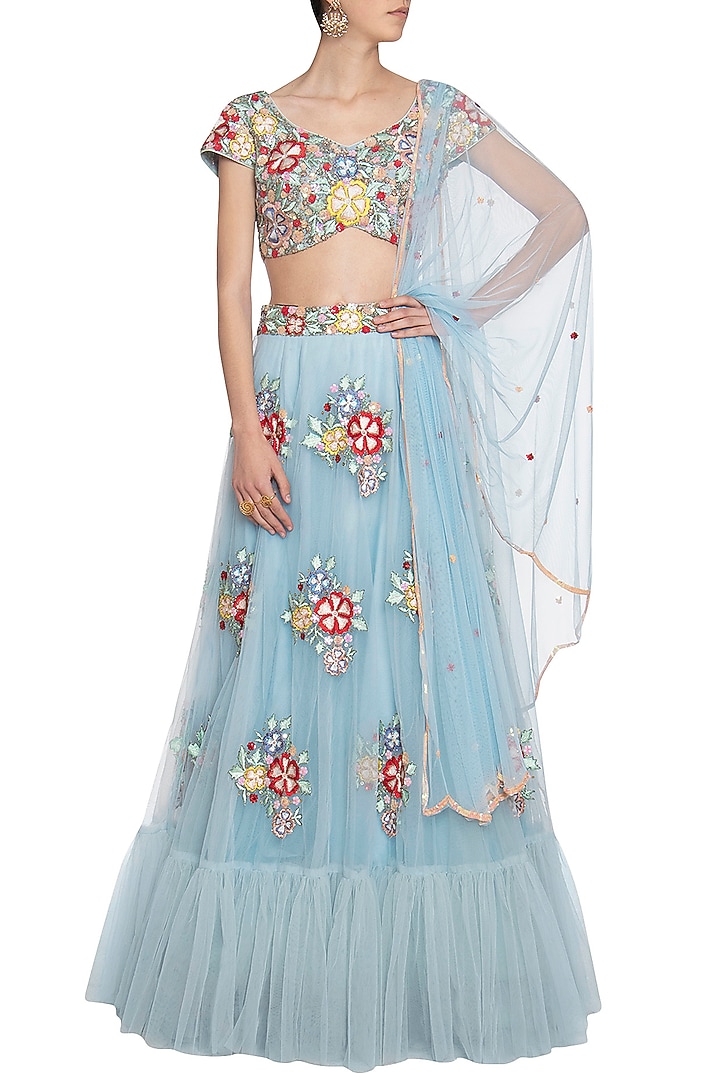 Blue embroidered lehenga set available only at Pernia's Pop Up Shop.
