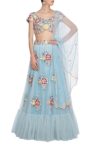 Blue embroidered lehenga set by ANK BY AMRIT KAUR