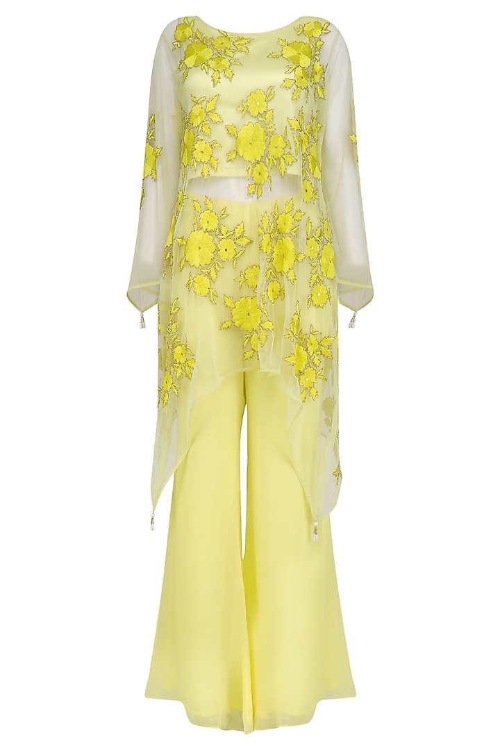 Yellow Floral Embroidered Kurta and Palazzo Pants Set by Ank By Amrit Kaur