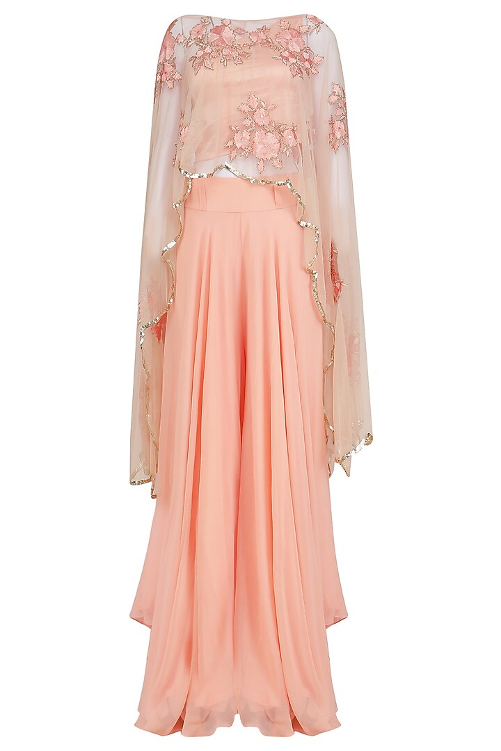 Pink Floral Embroidered Cape and Palazzo Pants Set by Ank By Amrit Kaur