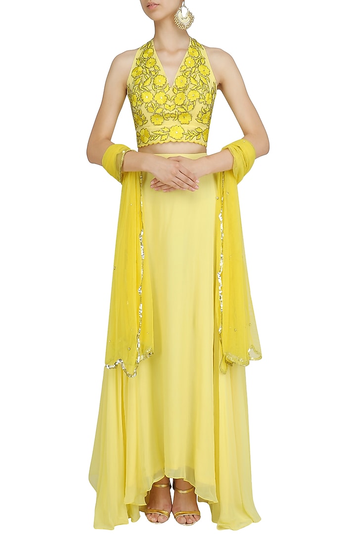 Yellow Palazzo Set With Floral Embroidered Blouse And Dupatta main image 0