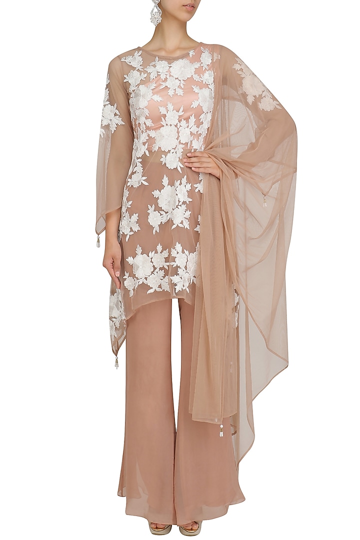 Beige floral embroidered kurta and palazzo pants set available only at Pernia's Pop Up Shop.