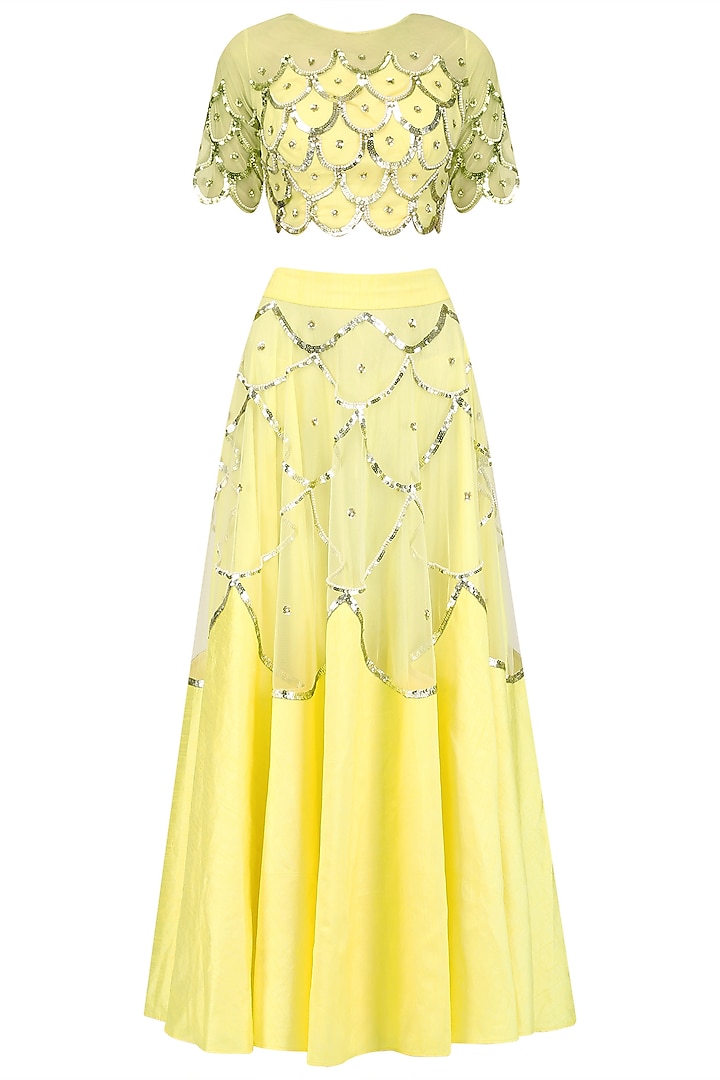 Yellow Scallop Embroidered Blouse and Lehenga Skirt Set by Ank By Amrit Kaur