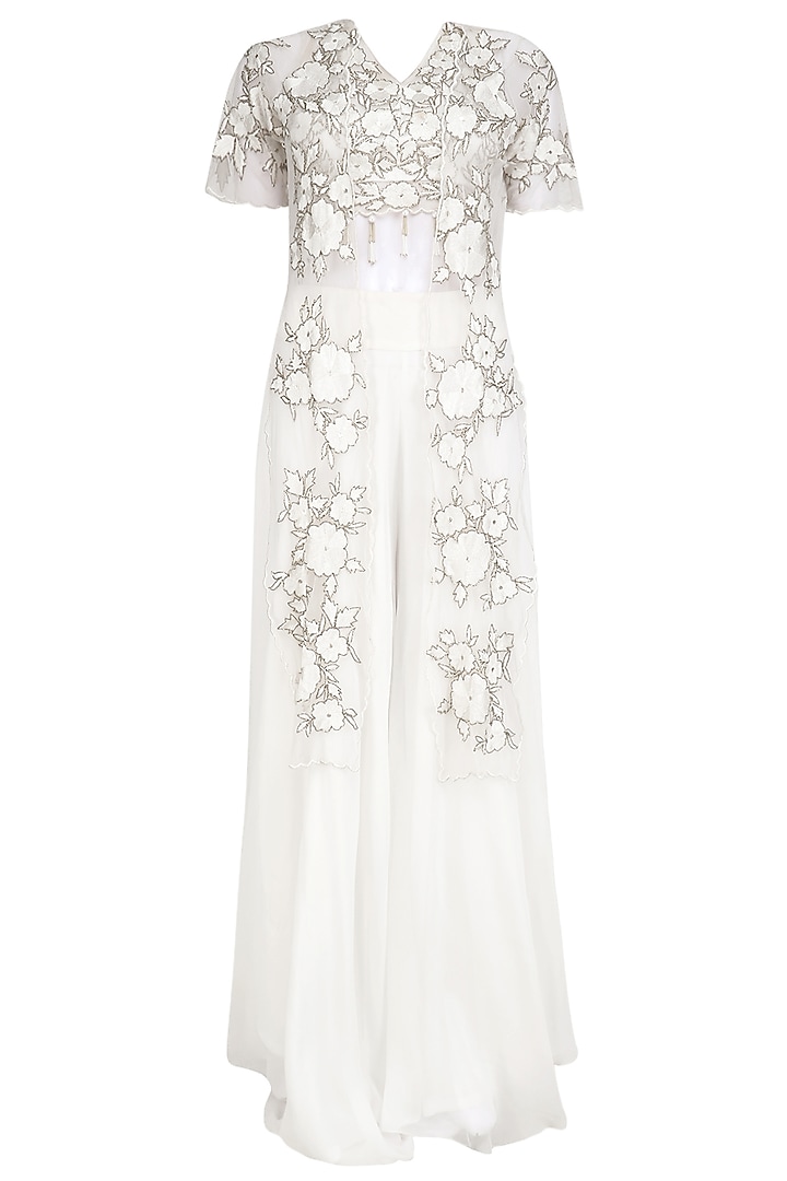 Off white floral embroidered blouse and palazzo pants set available only at Pernia's Pop Up Shop.
