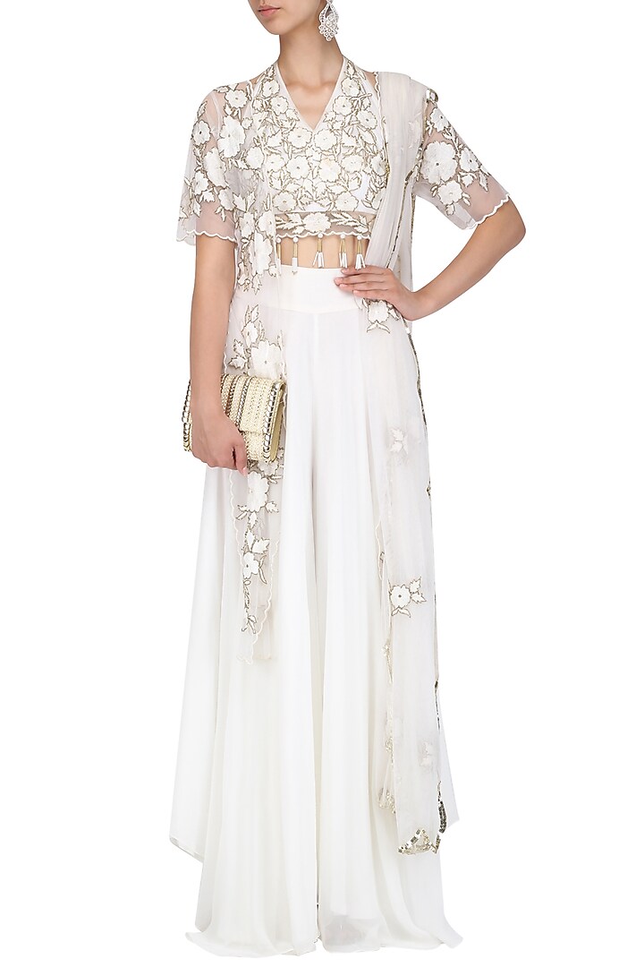 Off white floral embroidered blouse and palazzo pants set available only at Pernia's Pop Up Shop.
