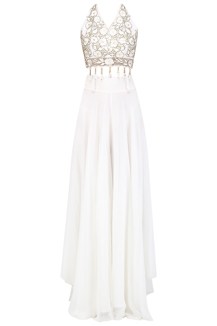 Off white floral embroidered blouse and palazzo pants set available only at Pernia's Pop Up Shop.