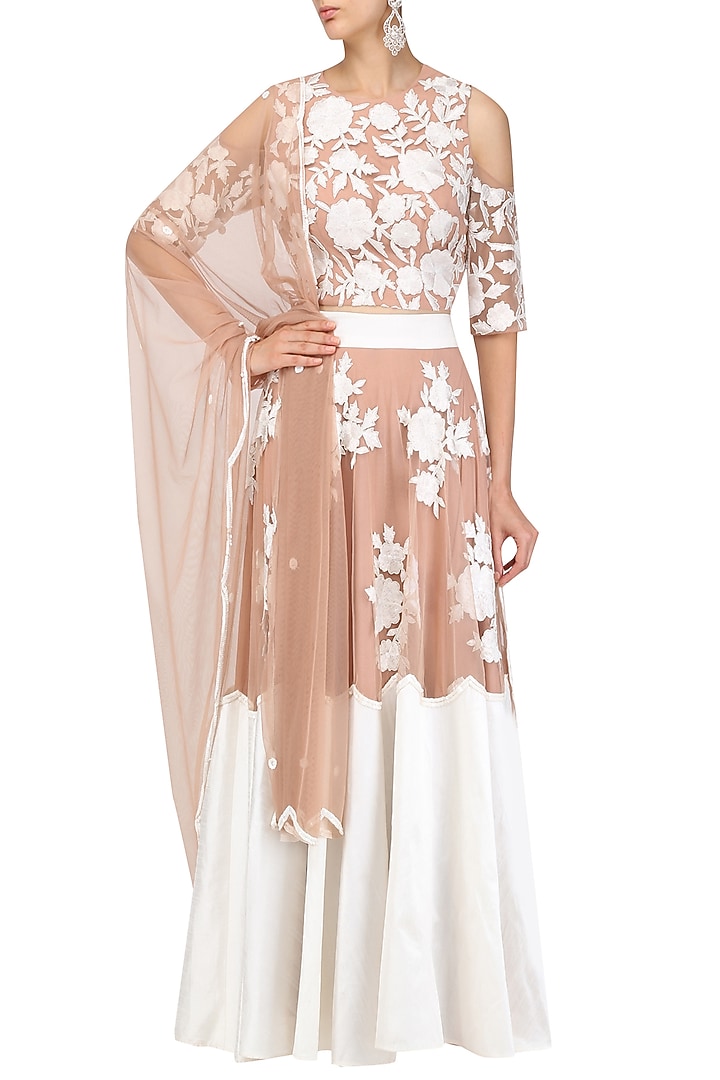 Beige floral work cold shoulder blouse and lehenga set available only at Pernia's Pop Up Shop.
