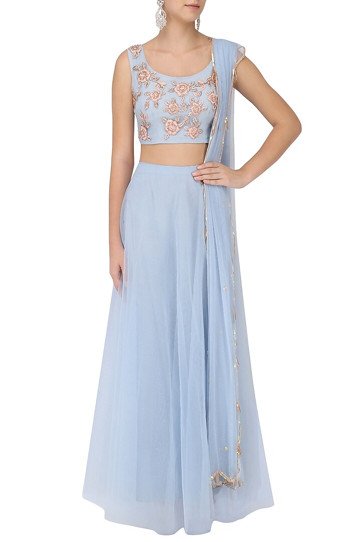 Blue zardozi embroidered lehenga set available only at Pernia's Pop Up Shop.