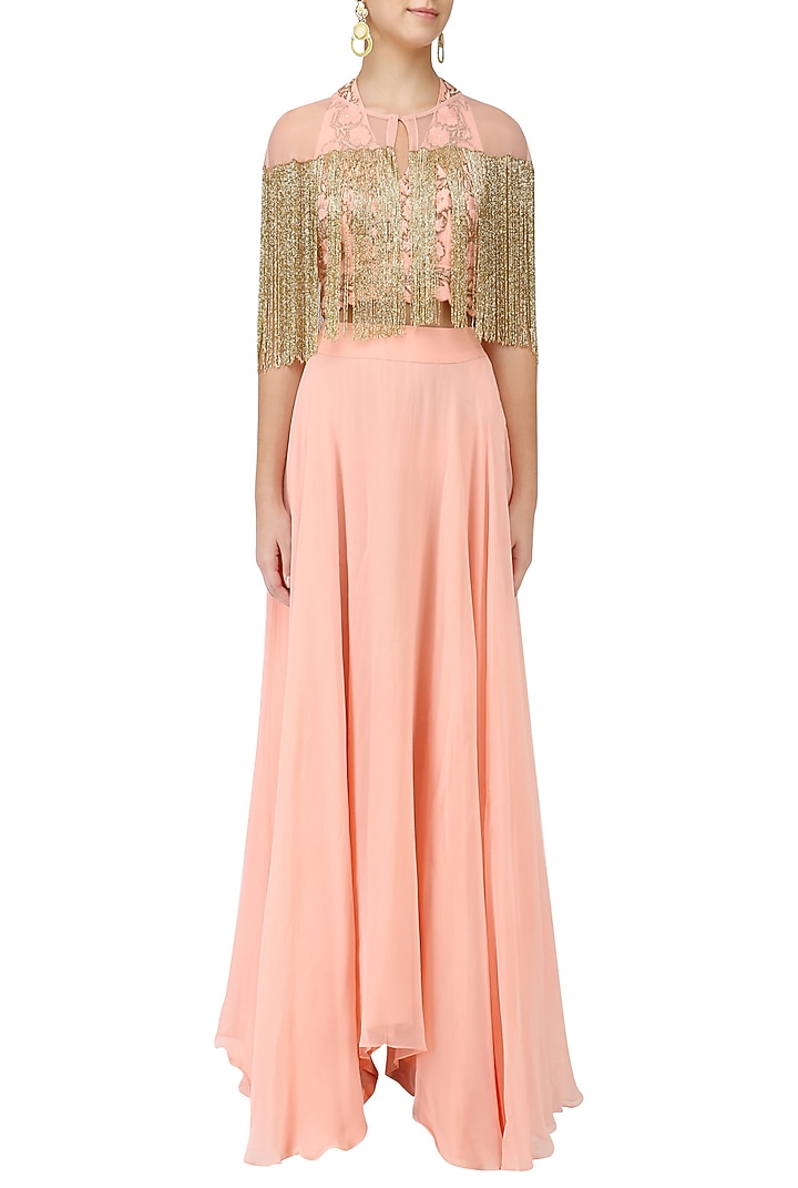 Pink zardozi embroidered tasseled crop top with cape and skirt set available only at Pernia's Pop Up Shop.