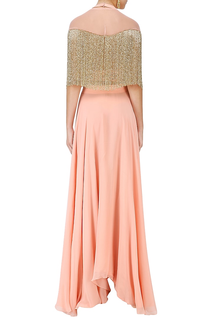 Pink zardozi embroidered tasseled crop top with cape and skirt set available only at Pernia's Pop Up Shop.